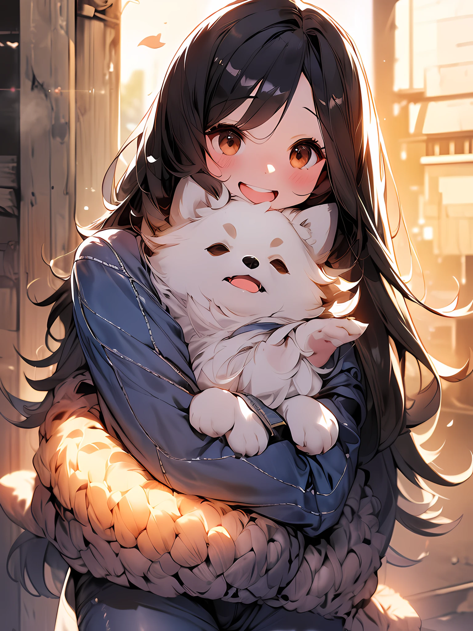 1 girl, long black hair, brown eyes, wearing a plain white shirt, straight denim pants and a jacket, city, smiling, hugging with a small white pomeranian, high res, ultrasharp, 8k, masterpiece, looking at viewer