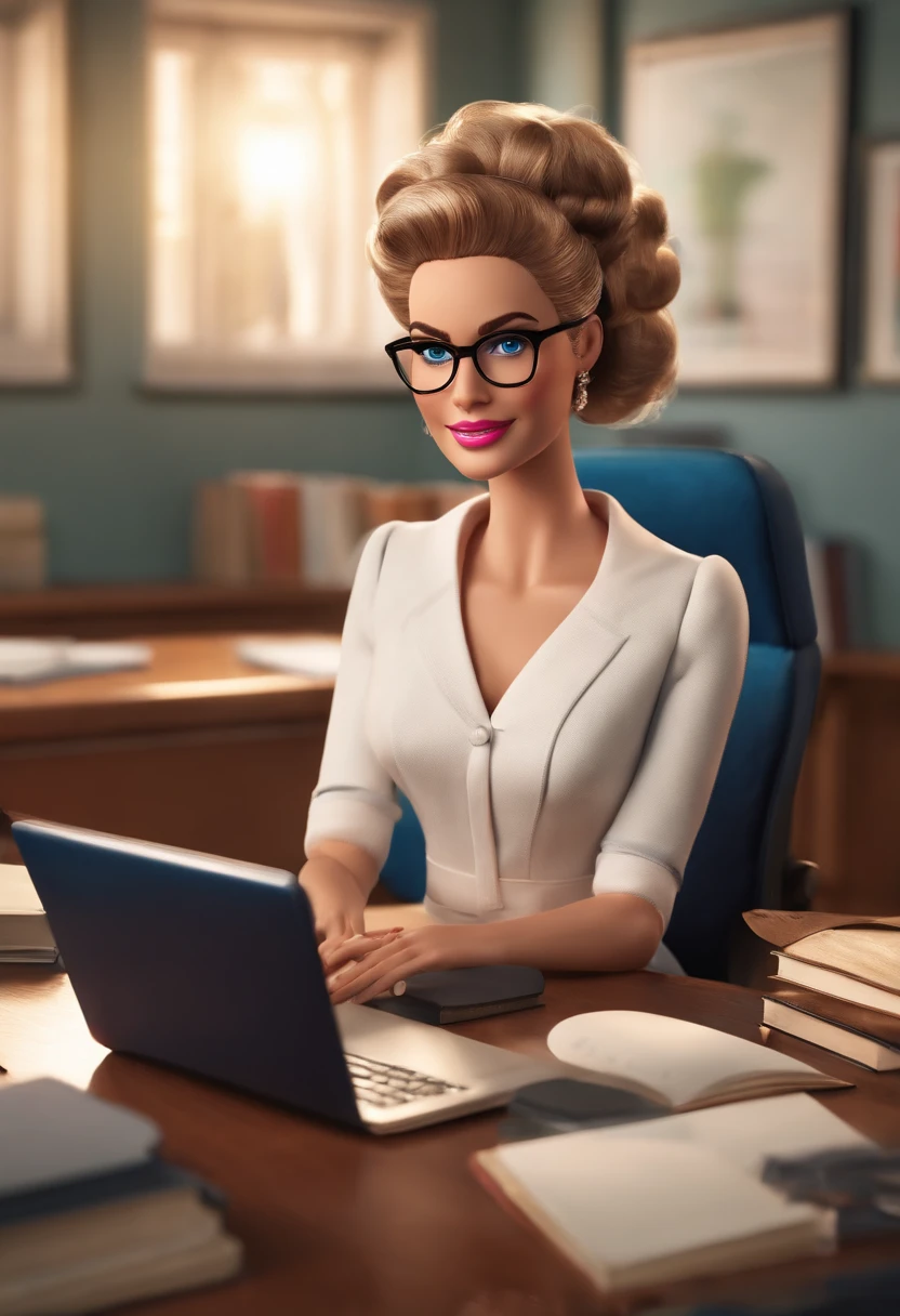 School director, empowered, sitting at the desk, in the school office, with books, notebooks, computer, dark and tied hair, fair skin, blue eyes, wearing glasses, with a serene and happy face, barbie style, wearing a dress