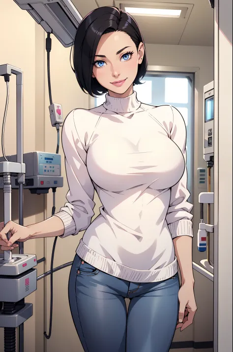 1womanl, short hair, square,black  hair, blue eyes, pink lipsticks, Smile, Standing, ((Hospital ward)), sharp outline, white swe...