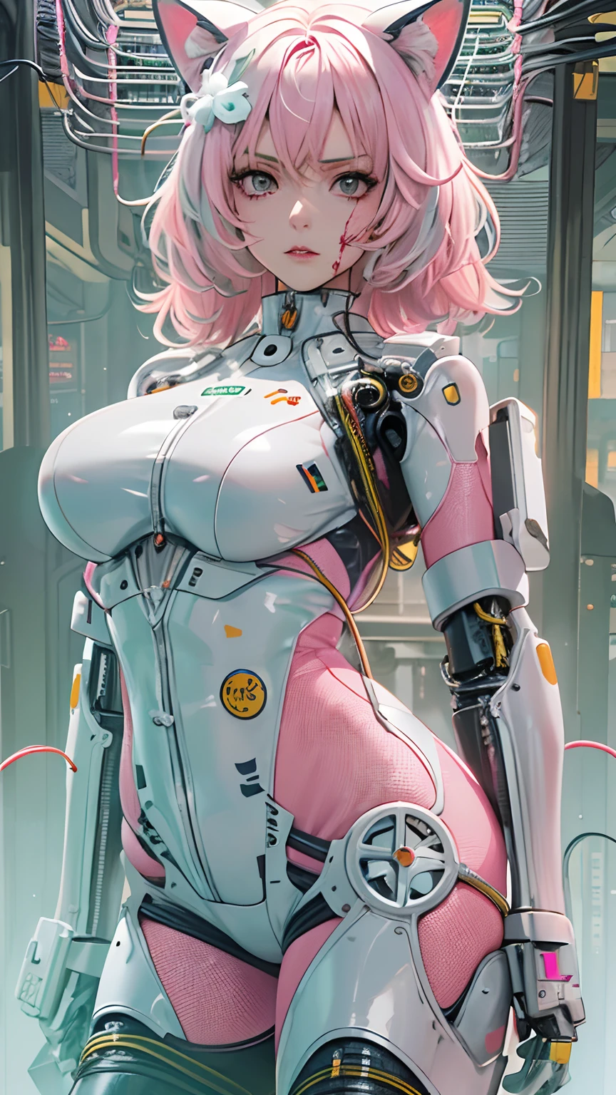 Full body like，(((masterpiece))), (((best quality))), ((ultra-detailed)), (CG illustration), ((an extremely devious and beautiful)),(cute desktop face),cinematic light ,((1 mechanical girl)),独奏,full bodyesbian,(Machine-made joints:1.4),((Mechanical limb)),(Bursting muscles),(blood vessels attached to the tube),(a brain in container:1.3), ((The mechanical vertebrae are attached to the back)),((The mechanical cervical vertebrae are attached to the neck)),((Seated)),face expressionless,(Wires and cables are attached to the head and body:1.5),smallunderboob,short detailed hair,(Character focus），scientific fiction(RAW photo:1.2)，Pink latex jumpsuit，Hollow-out on，Holt collar, latex shiny,tight-fitting，sweat leggs，White liquid， Pink body, wearing atsuko kudo latex outfit, wearing tight suit, Smooth pink skin, catsuits, Wearing latex, shiny plastic, shiny metallic glossy skin, The color of pink glow, latex outfit, chrome bodysuit, cyberpunk glossy latex suit, Shiny, futuristic glossy latex suit　spread their legs　M-shaped legs　angry look　sullenness　Irritated，white liquid all over body，