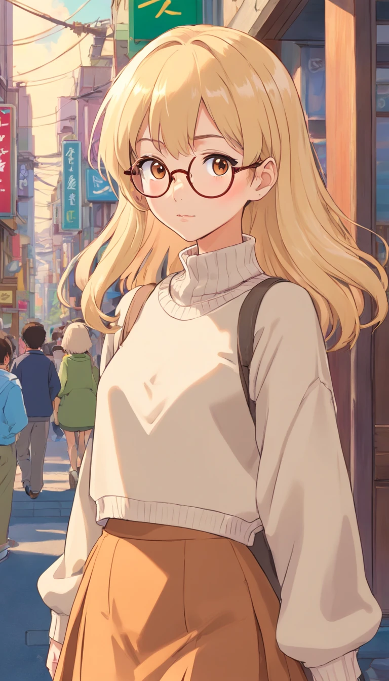 Anime girl with glasses and a backpack walking down a street - SeaArt AI