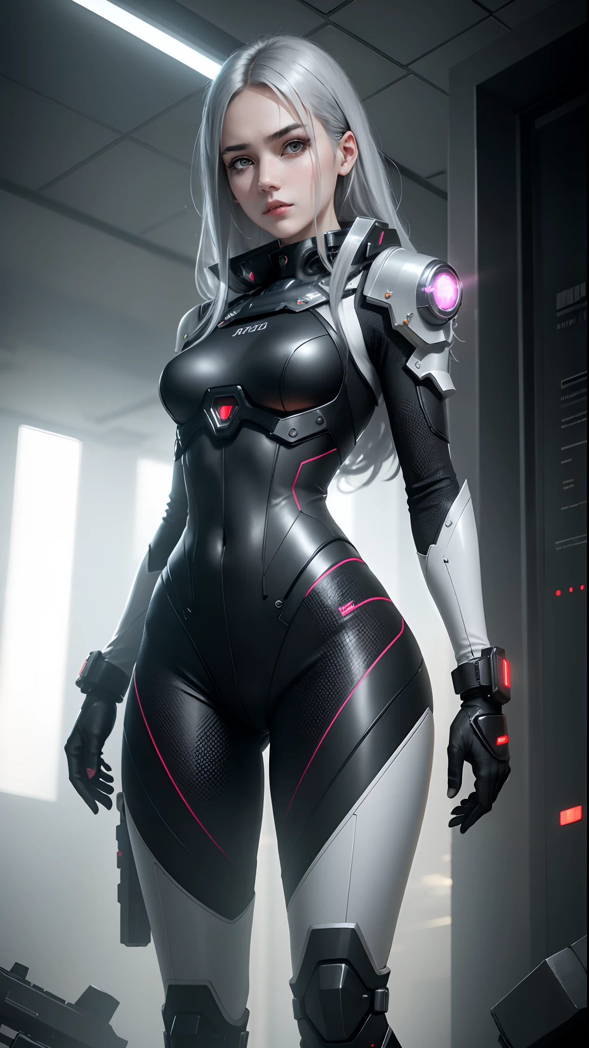 wearing black suit and mini tight skirt, anime style, silver color hair, (8k, RAW photo, best quality, masterpiece:1.2), a girl with calm and rational personality, demonstrating a loyal and efficient approach to her tasks, human-like aspect to her, possess emotions and empathy, leadership and cooperation would be crucial traits for her in order to support the mercenaries effectively, 6-foot-tall mechanical being with a silver metallic exterior, boasts a futuristic design, wears a black bodysuit with the emblem, sports data control gloves on her wrists, with small hardware interfaces on her fingertips, A small wing-like device is attached to her back, serving as equipment for high-speed movement and flight, waist carries a belt containing communication devices, hacking tools, and other accessories, ((Best quality)), ((masterpiece)), (highly detailed:1.3), 3D,Shitu-mecha, beautiful cyberpunk women with her mecha in the ruins of city from a forgoten war, ancient technology,HDR (High Dynamic Range),Ray Tracing,NVIDIA RTX,Super-Resolution,Unreal 5,Subsurface scattering,PBR Texturing,Post-processing,Anisotropic Filtering,Depth-of-field,Maximum clarity and sharpness,Multi-layered textures,Albedo and Specular maps,Surface shading,Accurate simulation of light-material interaction,Perfect proportions,Octane Render,Two-tone lighting,Low ISO,White balance,Rule of thirds,Wide aperature,8K RAW,Efficient Sub-Pixel,sub-pixel convolution,luminescent particles,light scattering,Tyndall effect