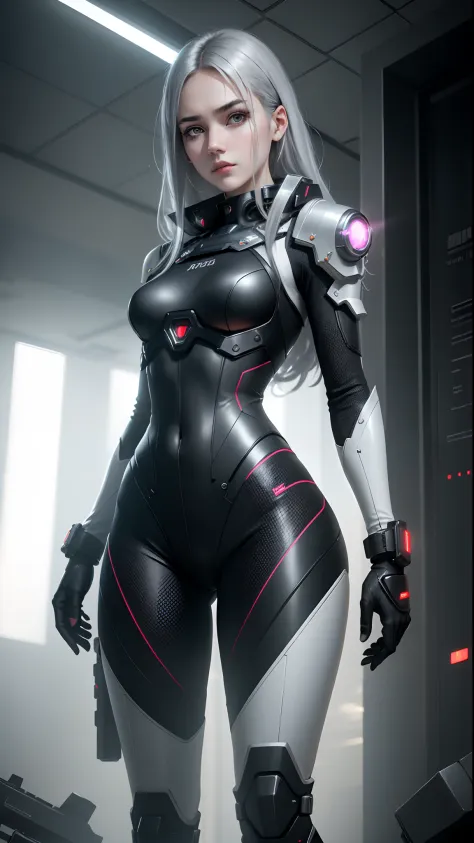 wearing black suit and mini tight skirt, anime style, silver color hair, (8k, RAW photo, best quality, masterpiece:1.2), a girl with calm and rational personality, demonstrating a loyal and efficient approach to her tasks, human-like aspect to her, possess...