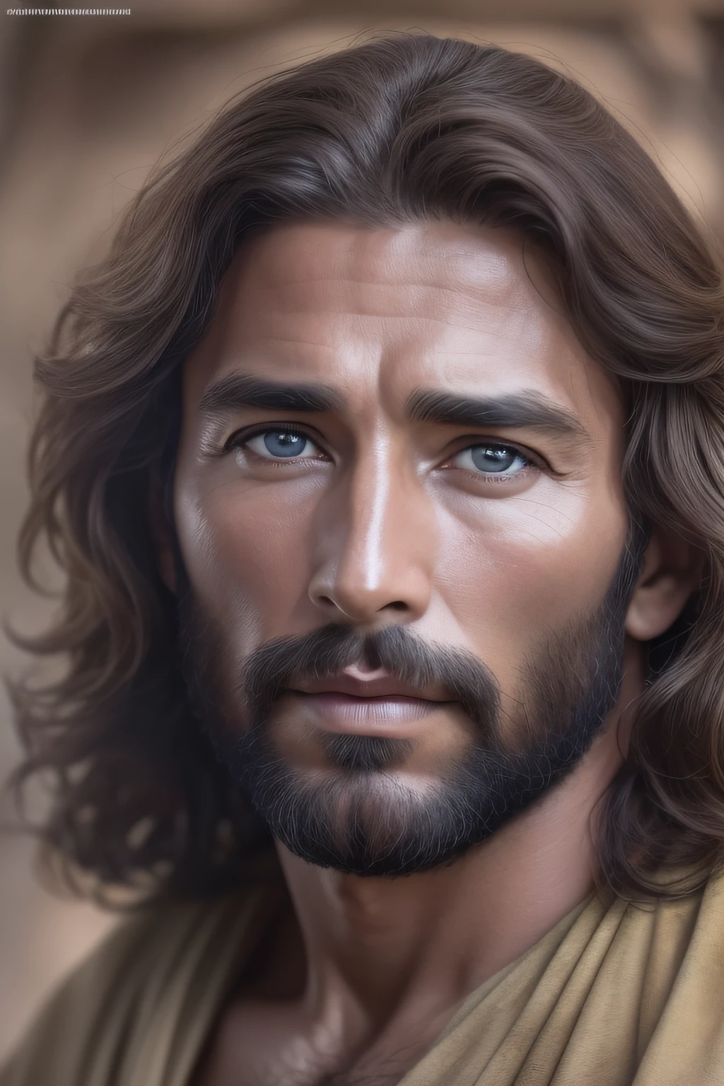 Generate a realistic style image of Jesus, The paradise of the celestial background , looking straight ahead .with long brown hair and beard. His eyes are kind and expressive,, ensure the image is high quality and rich in detail, capturing the essence of Jesus , highly detailed skin: 1,2 8k uhd , 20MP, Fujifilm XT3, 80mm