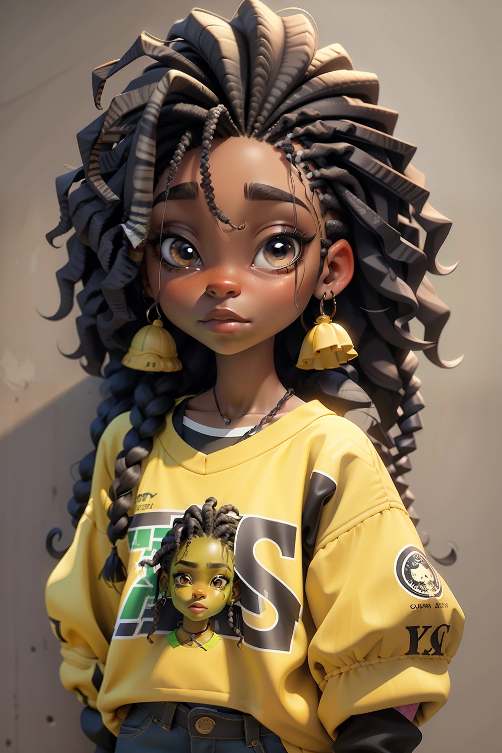 Masterpiece artwork, best qualityer, 3d rendering work, styled, close-up, portraite, 3d, 1girl, 独奏, Kizi, Lena head, cabelo dreads , Bblack hair, skate, freckles, jewelly, cabelo de dois tons cacheado styled rasta, looking at side, summer style clothing, beboy  arte de rua, realisitic, all-body, simple background, bangss, looking off into distance, shorth hair, separated-lips, eyes black, , Gothic, choker, make-up, mole, black jersey, watermark