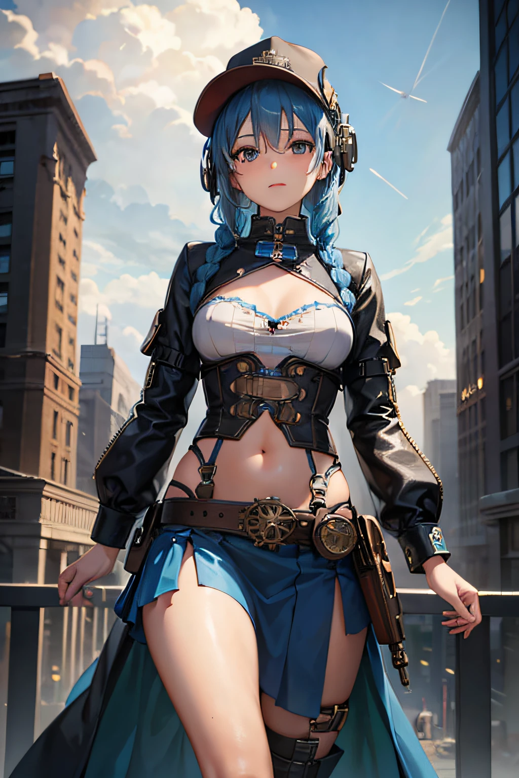 (best quality, masterpiece), 1girl, blue hair, braids, steampunk, gears, skirt, cutout above navel, small breasts, cloudy sky, sexy, tight