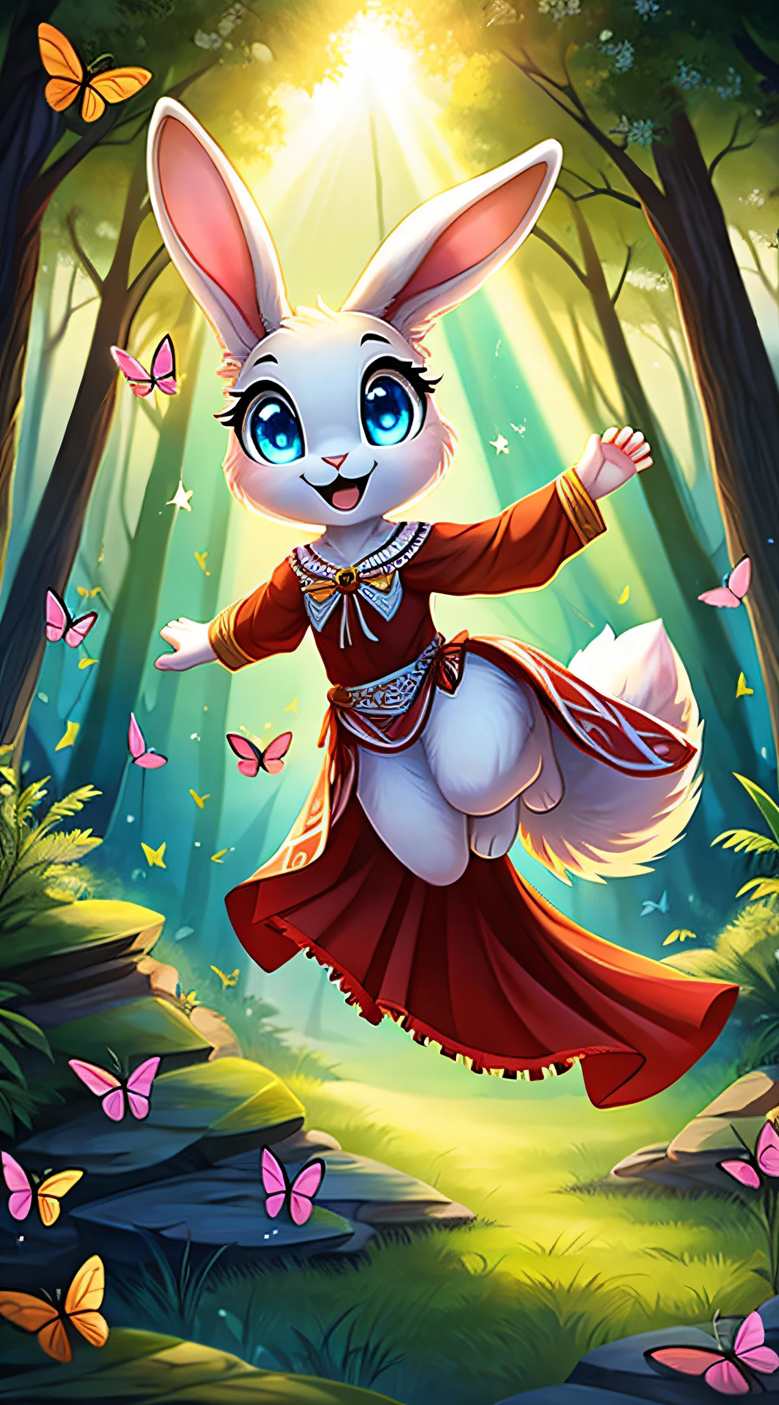 zoomed out image, fantasy style art, cute, adorable, short character, small, tiny little fluffy female white bunny with blue eyes, large poofy rabbit tail, big floppy ears, long ears, ears perked up, raised ears, long eyelashes, wearing a red frilly ribbon dress, in a forest, chasing butterflies, running after butterflies, trying to catch butterflies, big expressive smile, open mouth, wide eyes, excited eyes, excited face, stunning visuals, sunrays, digital illustration