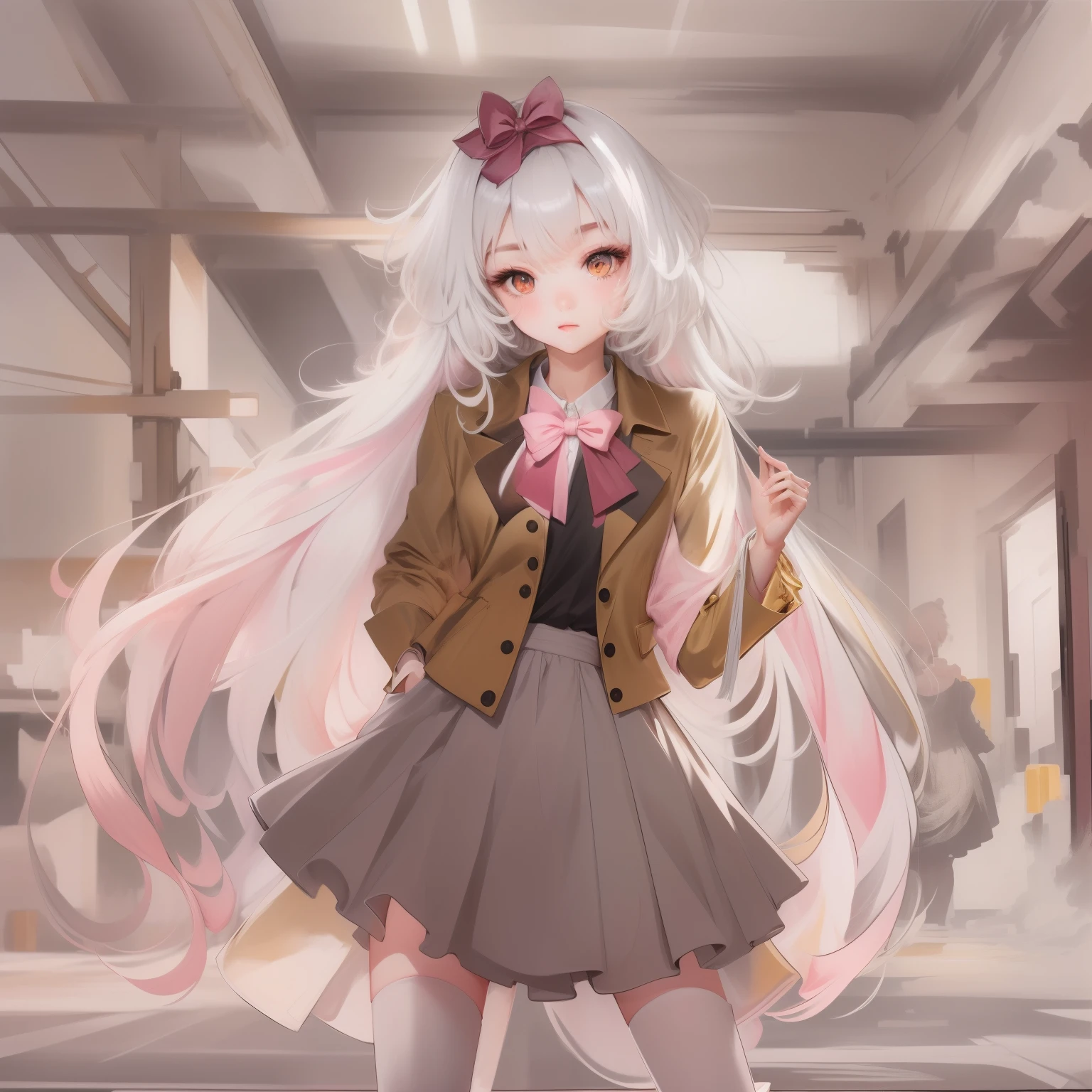 Anime, Anime art, anime girls, 2 girls, BREAK ((yellow short hair)+brown eyes, brown jacket, Grey skirt, pink bow) BREAK , (long white hair+red eyes, brown jacket, Grey skirt, pink bow), dynamic pose, basement