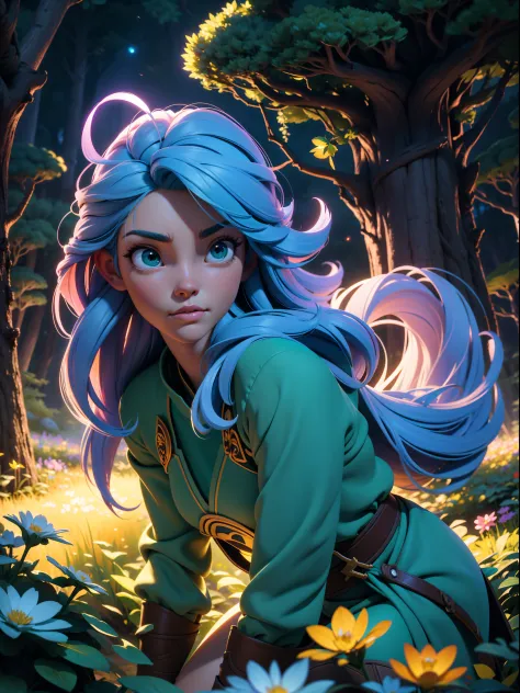 masterpiece, 1beautiful girl, with long hair and guild adventurer clothes, she is in a beautiful ([woodland setting]), {([she is...