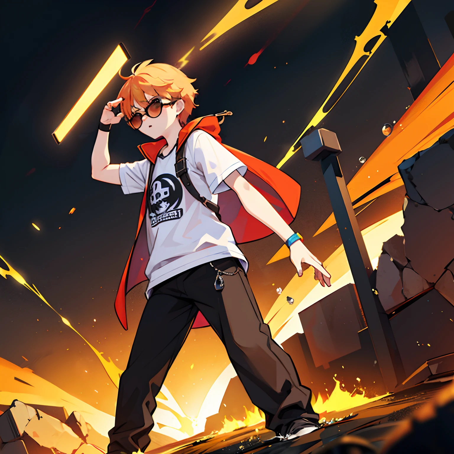 Teenage boy,orange hair , fashion clothes , ink splash art , glowing sunglasses ,epic pose , 4k ,hd