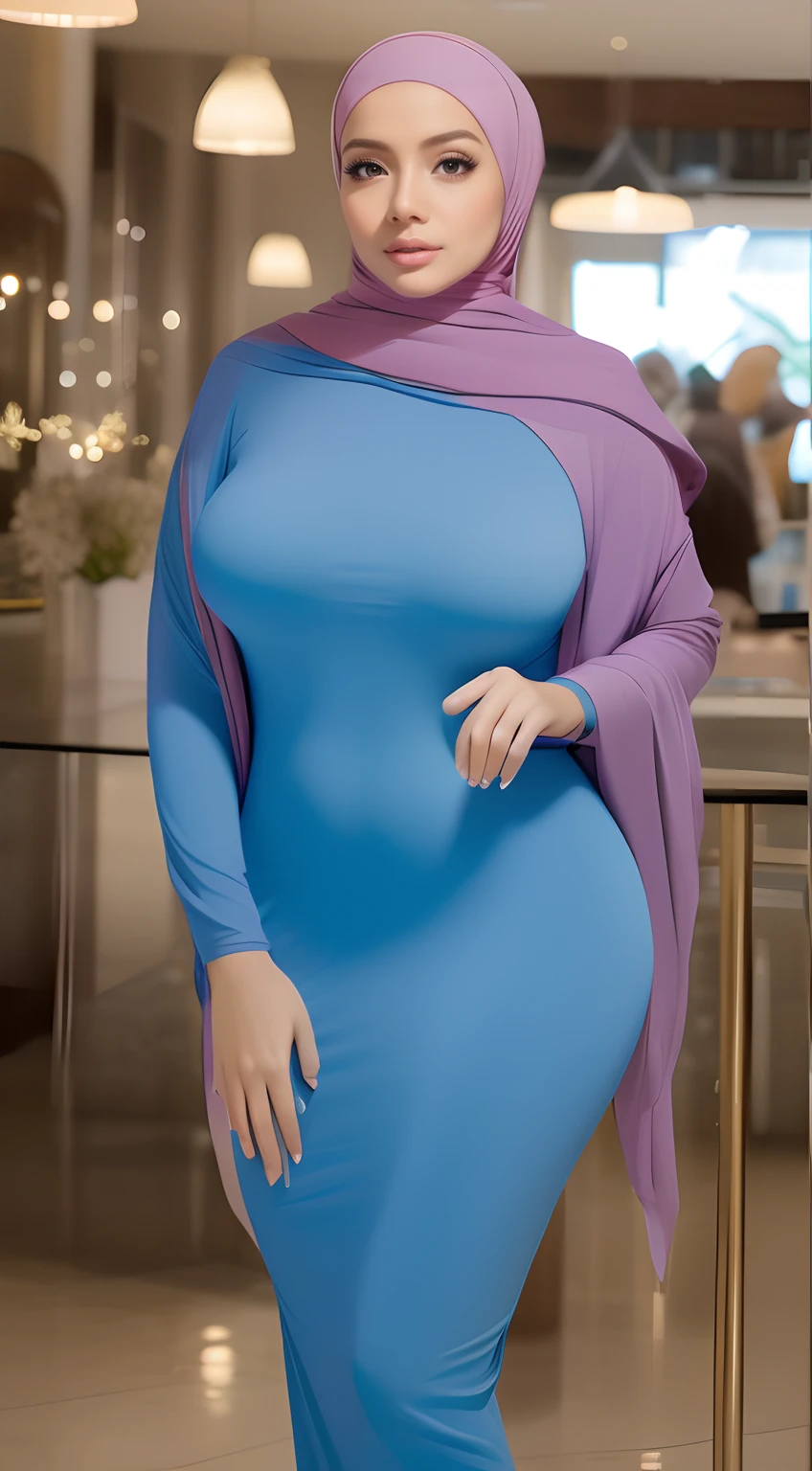 A woman in a blue dress and a purple hijab - SeaArt AI