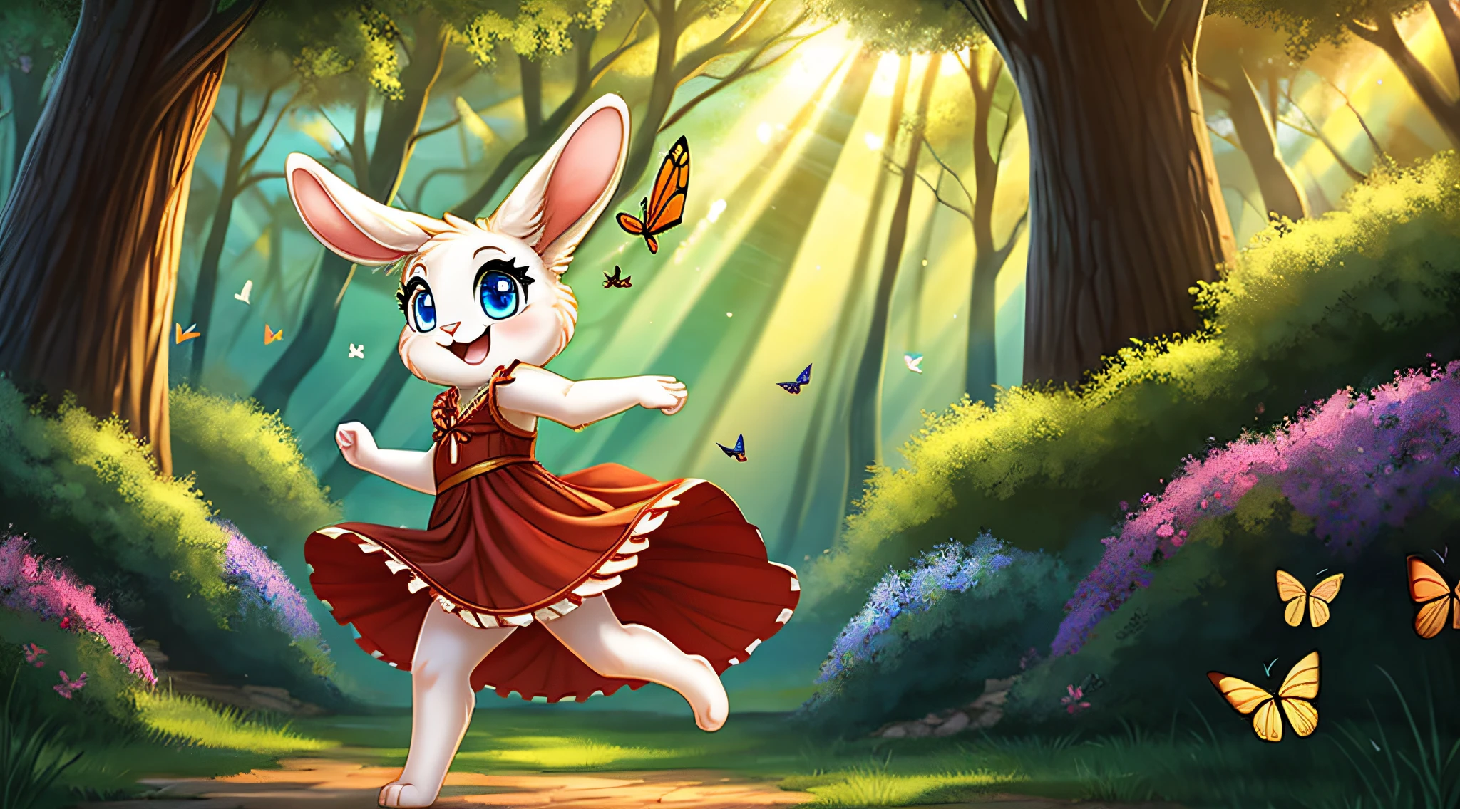 side view, zoomed out image, fantasy style art, cute, adorable, short character, small, tiny little fluffy female white bunny with blue eyes, large poofy rabbit tail, big floppy ears, long ears, ears perked up, raised ears, long eyelashes, wearing a red frilly ribbon dress, in a forest, chasing butterflies, running after butterflies, big expressive smile, open mouth, wide eyes, excited eyes, excited face, stunning visuals, sunrays, digital illustration