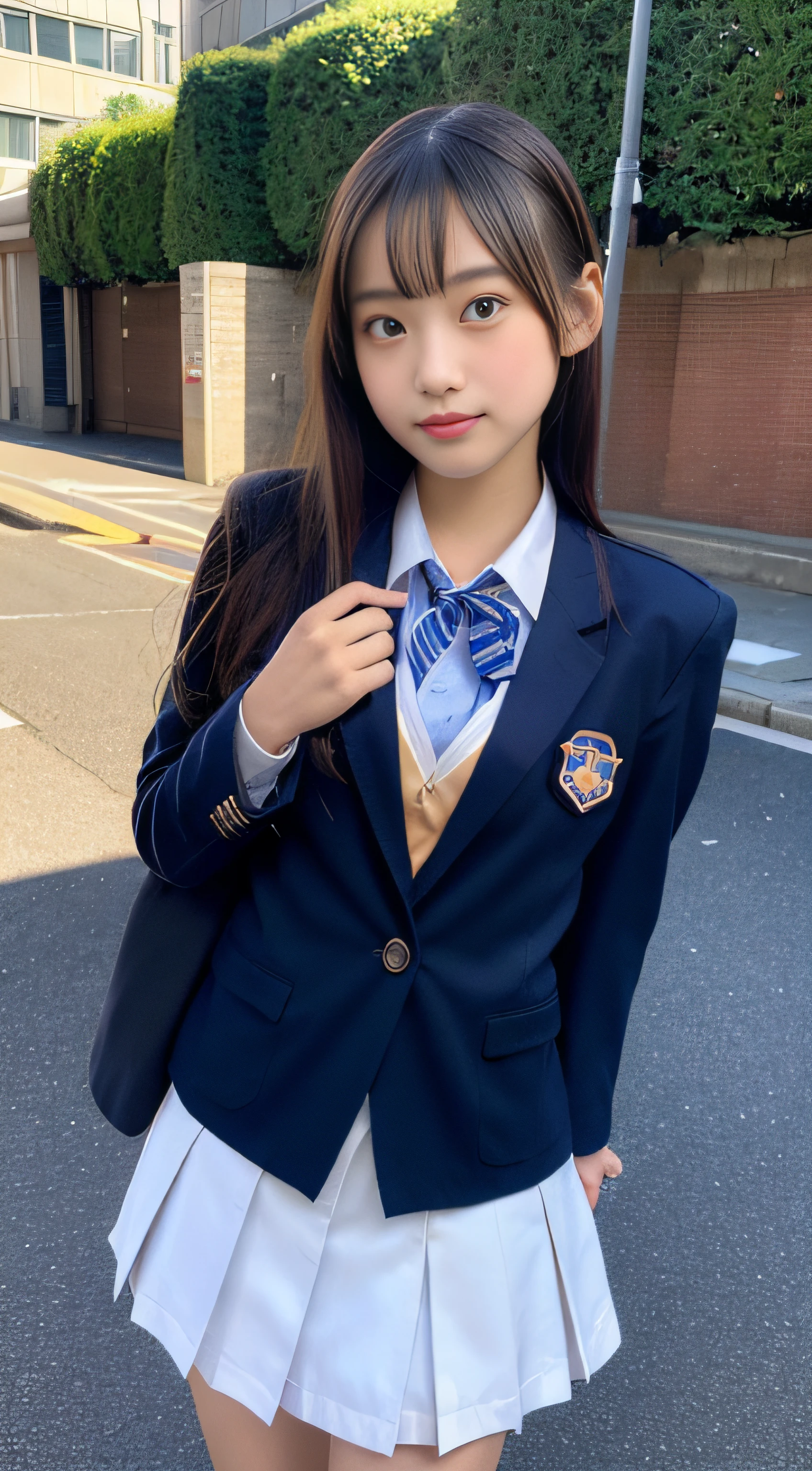 (Realistic lighting、top-quality、8K、​masterpiece:1.3)、32K、NSFW, SFW、(1girl in:1.5)、japanes、(Composition from the knee up:1.7)、(High school girl in uniform with blazer and miniskirt:2.0)、summer clothing、((small tits:1.8))、((skinny  body:2.0))、((Ultra Slim Body Beauty:1.4))、(Slim abs:1.1)、((Light brown long hair))、(outside of house:1.1)、City Street、Superfine Face、Fine eyes、double eyelid