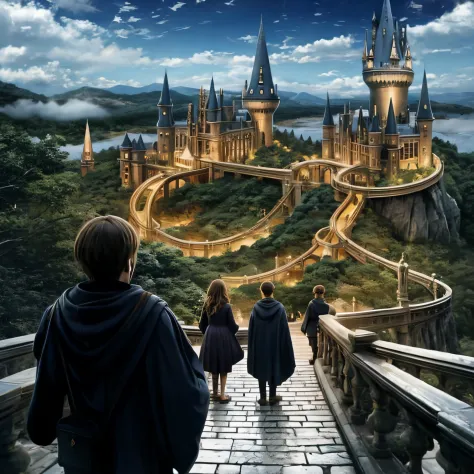 wizarding world, uma escola ao fundo e cinco jovens, three men and two women on their backs.