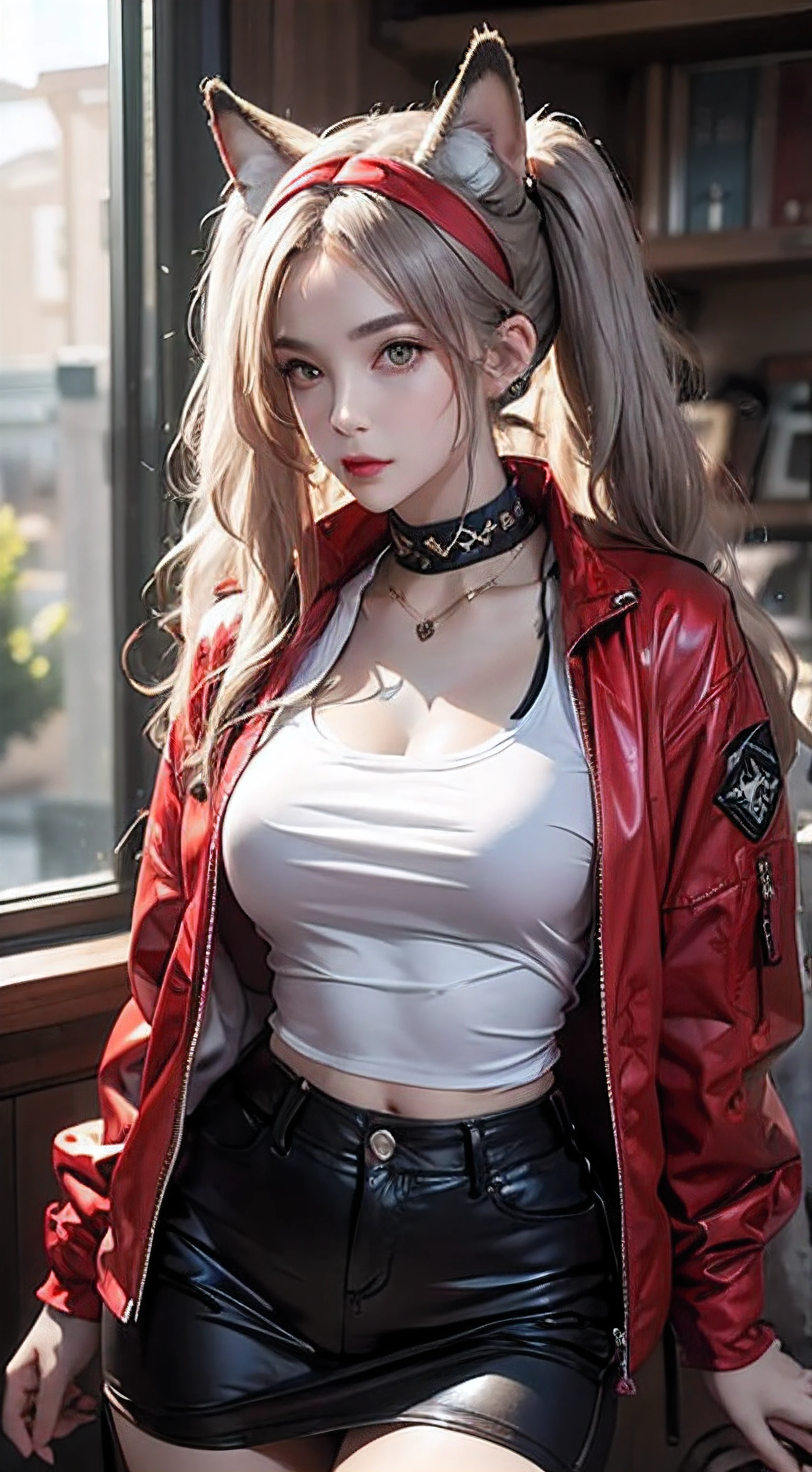 Photorealistic, high resolution, 1 woman, Hips up, Beautiful eyes, Long hair, ringed eyes, jewelry, tattoo, infection monitor (arknights), angelina (arknights), blush, twintails, hairband, animal ears, red hairband, closed mouth, fox ears, bangs, red jacket, black shirt, shirt, orange eyes, jacket