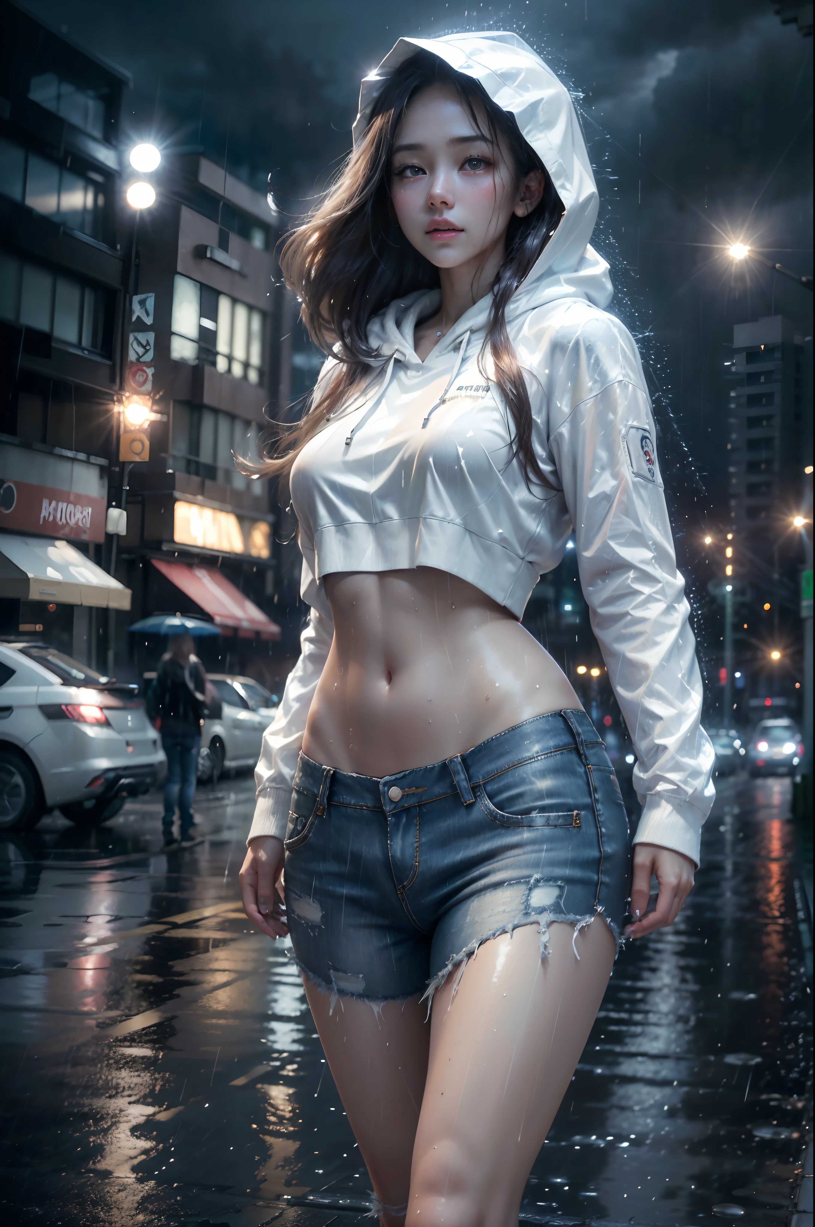 (8k, RAW photo, best quality, masterpiece:1.2), (realistic, photo-realistic:1.37), rain, wet, extremely detailed, Dramatic Lighting, photon mapping, radiosity, (Sweatiness:1.2), ((1 girl)), 26 years old, female, beautiful woman, long white hair, medium breast, light makeup, long eye lashes, ((highly realistic bikini)), (sexy mech lingerie), ((hoodie rain jacket)), denim jeans, cyberpunk, cityscape, night city, ((showing stomach))