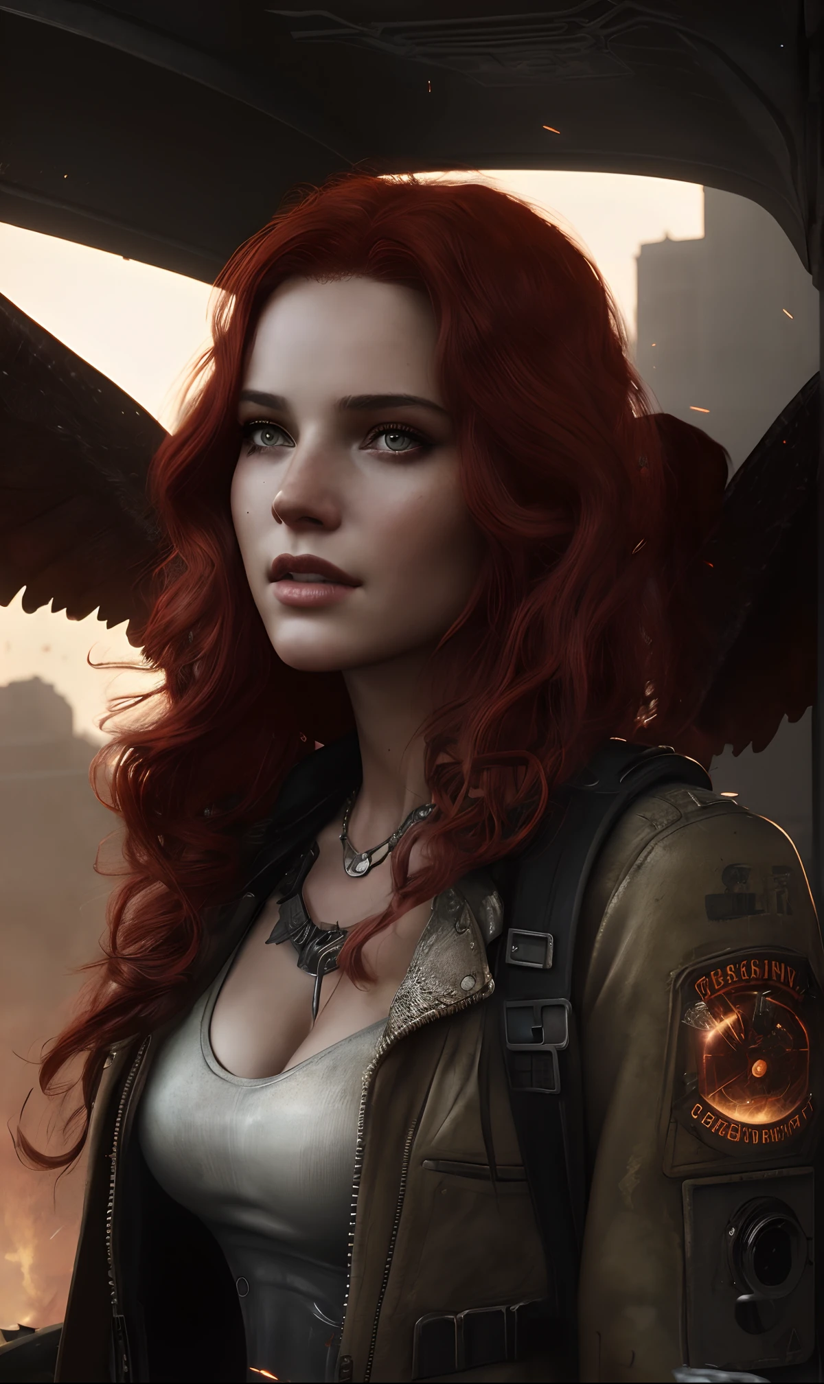 ((close up portrait)) of a model woman, medium breast, ((dieselpunk)), ((meha wings)),  sparks and fireflies, ((on the street))  imax render, production cinematic character render, omnilight, (long red hair), photorealistic, insane intricate details, by ross tran, wlop, artgerm, trending on artstation, sharp focus, studio photo, intricate details, highly detailed, by greg rutkowski, post-apocalypse, military