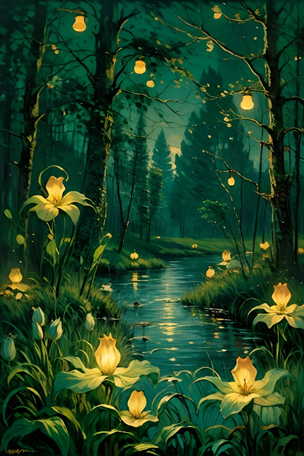 oil painting landscape, cinematic lighting, contrast lighting, swamp at night, fireflies, ghosts, candles flying in the air, whimsical, magical, old vintage art, swapm lilies