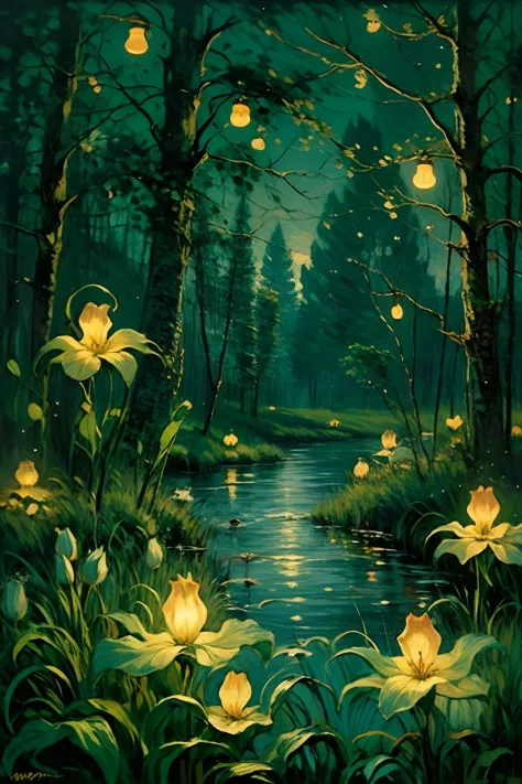 oil painting landscape, cinematic lighting, contrast lighting, swamp at night, fireflies, ghosts, candles flying in the air, whi...