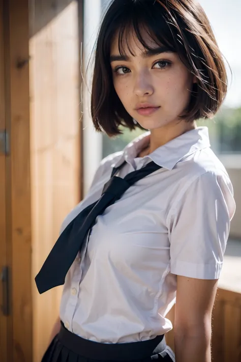 high school girl uniform, hairy arms, short hair, 8K, masterpiece, pores, detailed, hyperrealism, funny facial expression