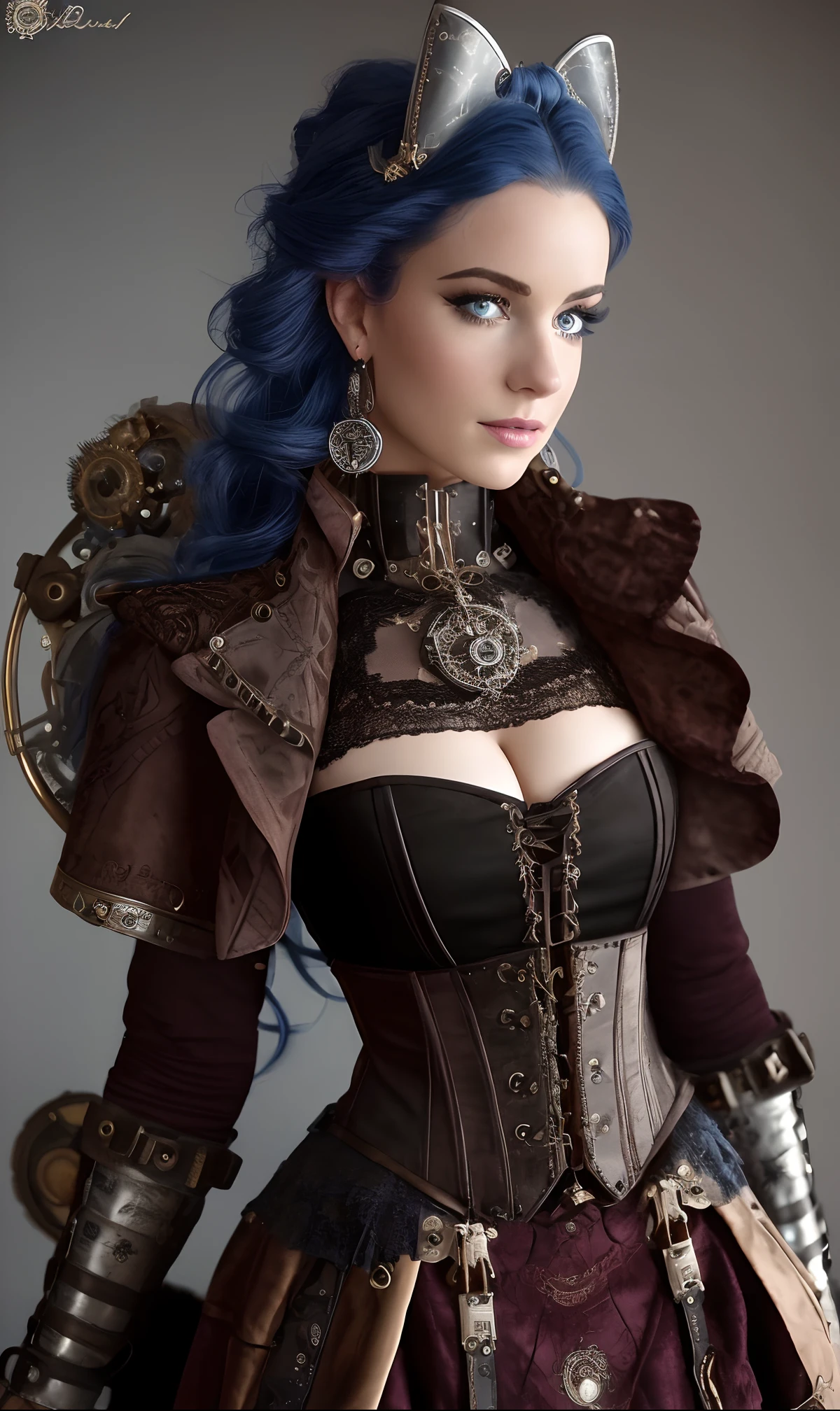 (((Ultra detailed, beautiful face, Megapixel))) Craft a visually striking photo realistic image of a steampunk futuristic Disney princess named Belle. Belle possesses (intense sapphire blue) eyes that exude intelligence and curiosity. Her hair, styled in an intricate updo adorned with mechanical embellishments and gears, boasts a stunning (silver) color that shimmers like polished metal. She wears a steampunk-inspired ensemble, featuring a corseted bodice made of (brown distressed leather) and a multi-layered skirt made of (lace, velvet, and industrial metal mesh) in a palette of (deep burgundy) and (bronze). Intricate clockwork motifs are intricately woven into the fabric, paying homage to the steampunk aesthetic. Her attire is accented with ornate brooches, cameo pendants, and pocket watch accessories. Against a blank black background, Belle's steampunk features take center stage, transporting the viewer into a world of Victorian elegance fused with futuristic innovation. With your camera, a high-resolution mirrorless camera paired with a prime lens, you will capture Belle's steampunk allure and the fusion of classic and futuristic elements in her attire.