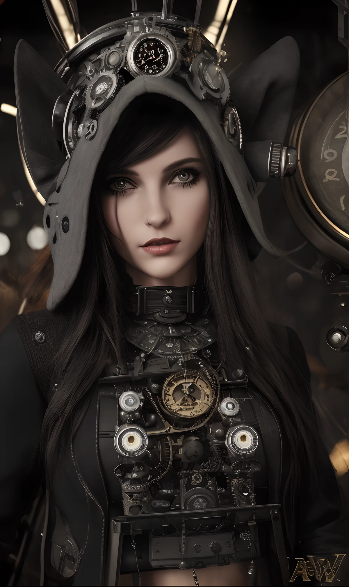 ((RAW, analog style)), woman with a clock on her head, gray alien, steampunk hat, patchwork doll, screw, grotesque large alien, detailed humanoid, pipe brain, crowned, mind is pure machinery, jigsaw, royo, symmetrical, powerful, intricate, beautiful, masterpiece, elegant, volumetric lighting, highly detailed, artstation, sharp focus, no cropping, photorealistic