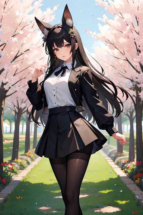 (masterpiece), (best quality), (highly detailed),black pantyhose, skirt, ears,standing,  flower field,
