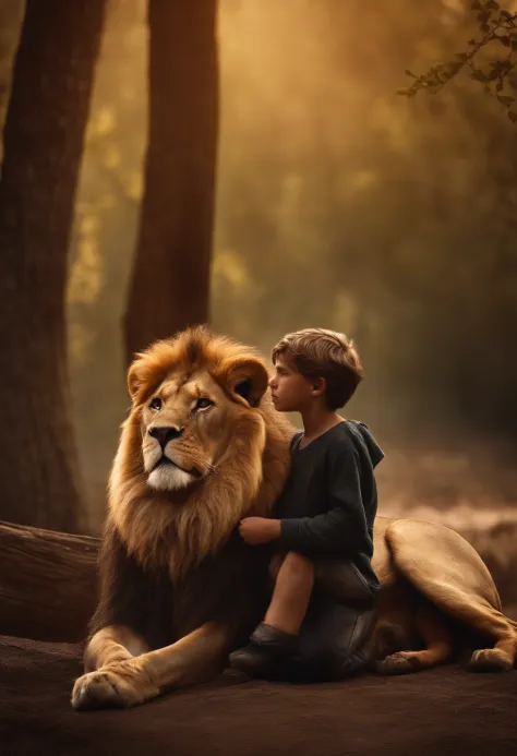 a lion protecting a young boy, cinematic and realistic image with a very detailed environment