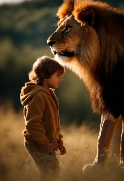 a lion protecting a young boy, cinematic and realistic image with a very detailed environment
