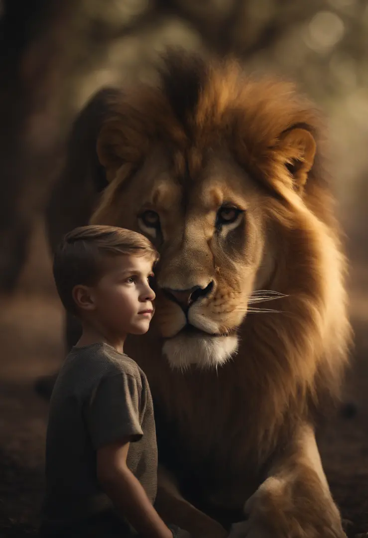 a lion protecting a boy, Cinematic and realistic image with a very detailed environment 1920x1080