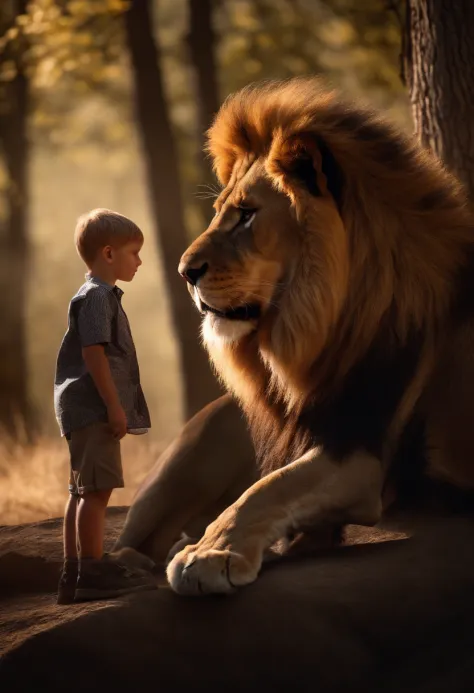 a lion protecting a boy, Cinematic and realistic image with a very detailed environment 1920x1080