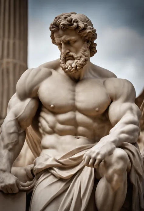 (best quality,highres),realistic,Hellenistic,sculpture,roman god,strong man,strong muscles,marble statue,detailed facial features,dramatic pose,expressive eyes,naturalistic body,bronze sculpture,aged patina,dynamic composition,classical beauty,striking phy...