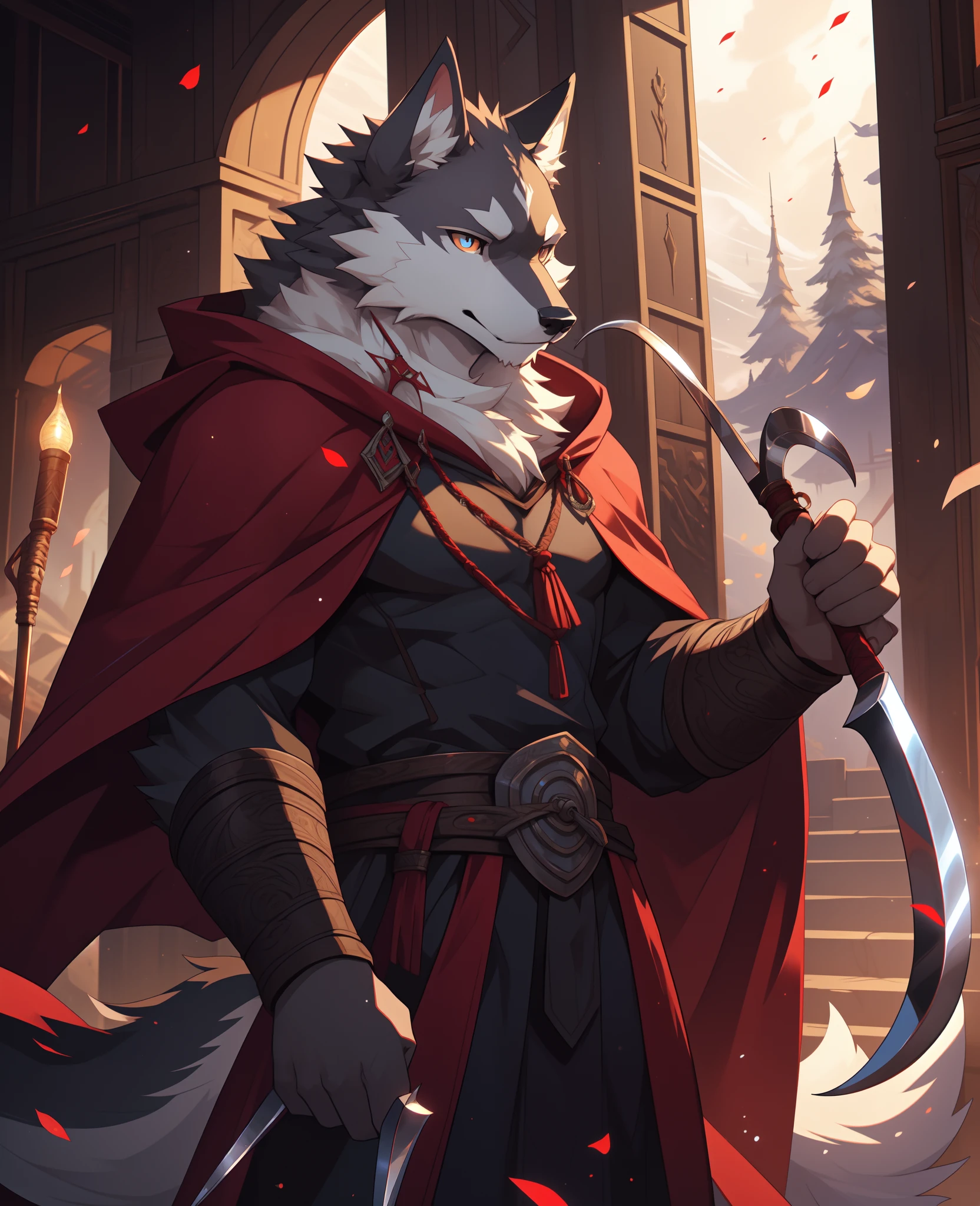 Masterpieces,official art,furry,male,Anthropomorphic white wolf,Delicate face,Delicate eyes,Red cloak,Kerosene lamp,sickle, holding sickle, depth of field, perfect lighting, light particles,(best quality),(masterpiece),(ultra detailed),sharp focus,light particles, detailed background