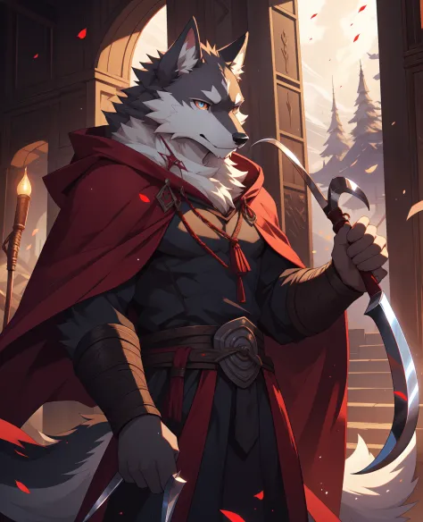 Masterpieces,official art,furry,male,Anthropomorphic white wolf,Delicate face,Delicate eyes,Red cloak,Kerosene lamp,sickle, hold...