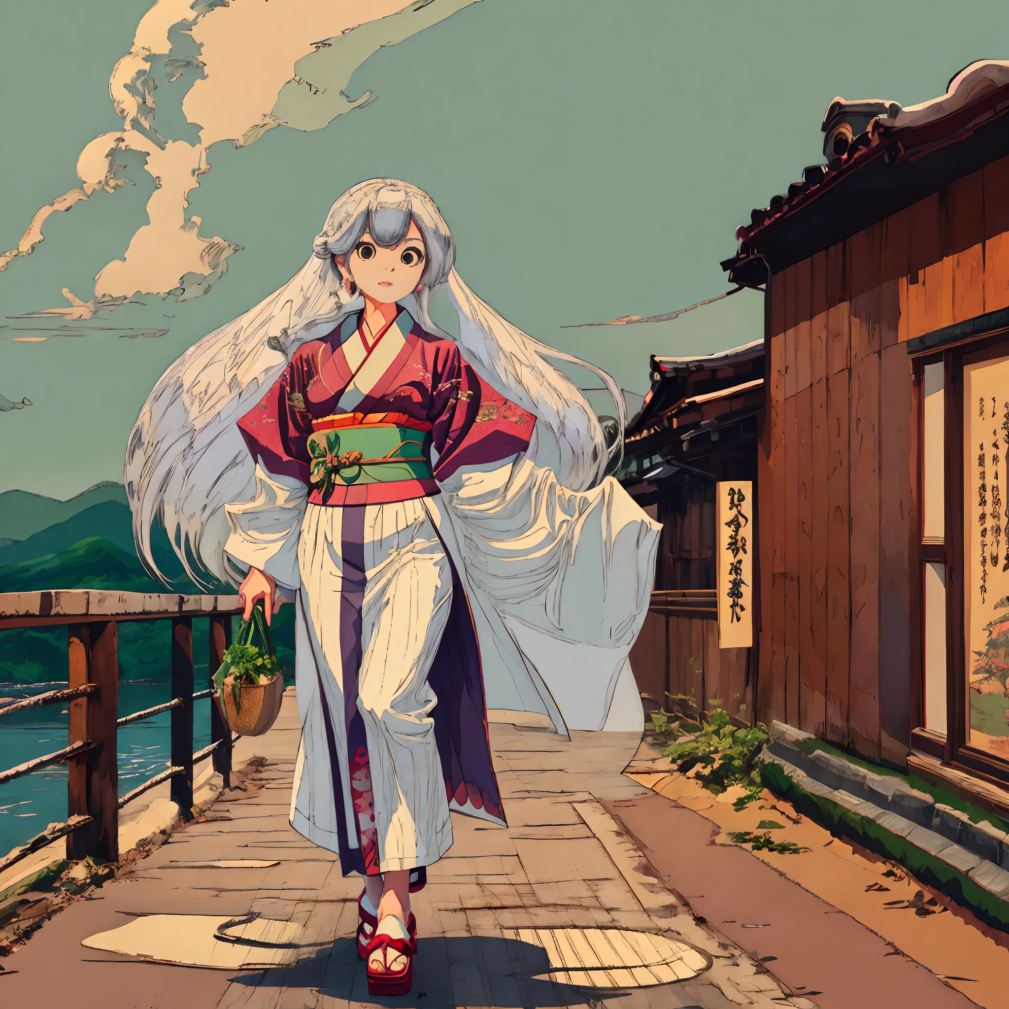 Hermosa mujer con cabello largo y blanco vistiendo un kimono, estilo estudio ghibli