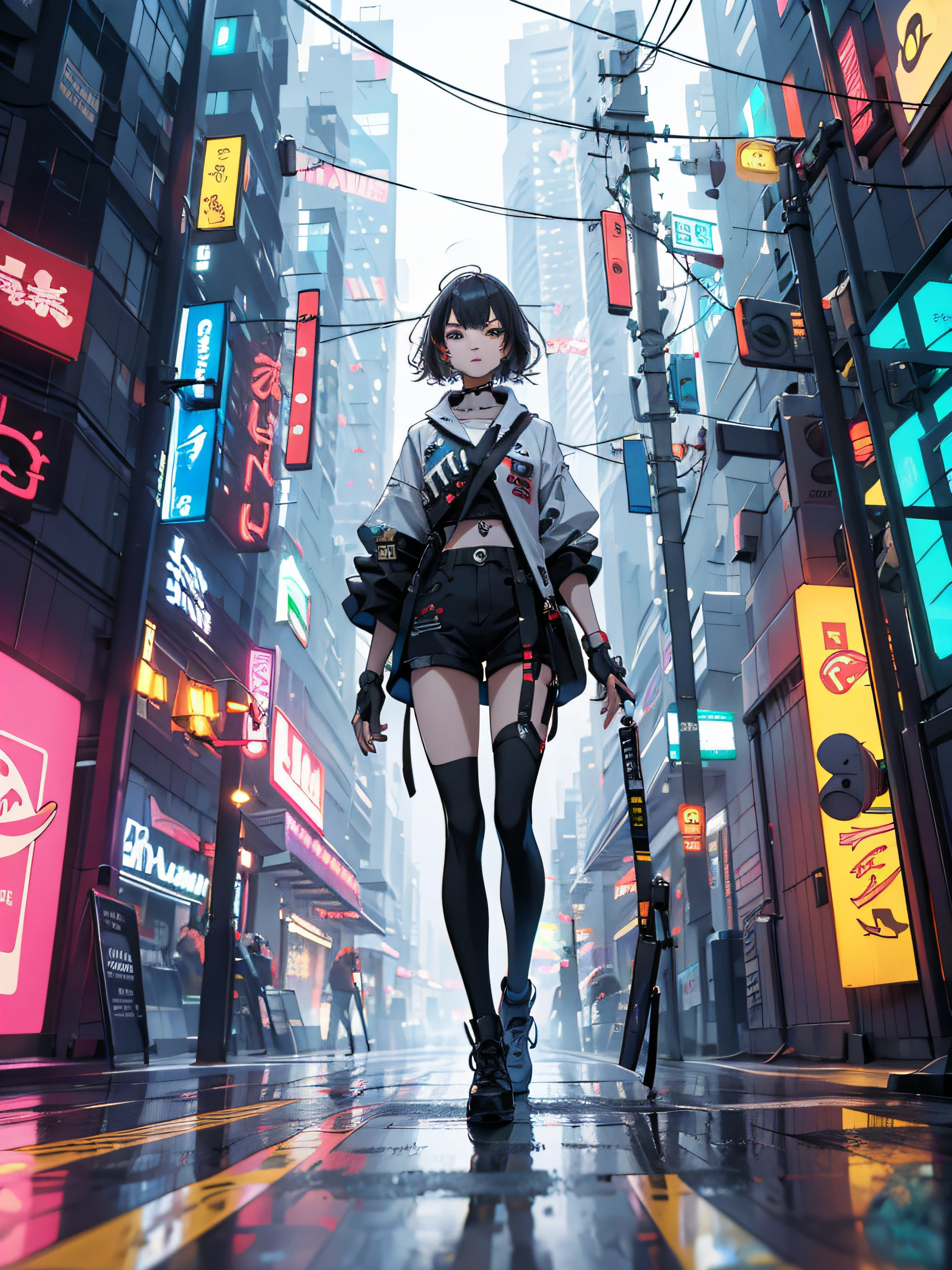 (best qualityer, Masterpiece artwork:1.2) | eye detailed:1.2 1 woman ,sorindo (dinamic angle, ass pov, muka, long hair,gun store) choker, chemise, open sweatshirt, finely detailled, Masterpiece artwork, clothes in the style of cyberpunk