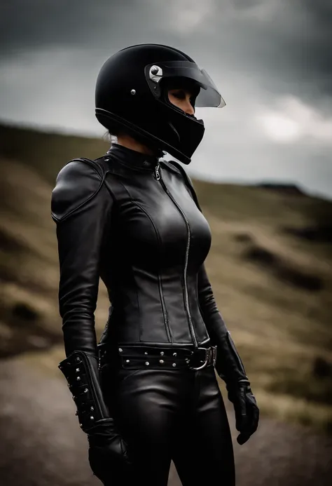 Arafed woman in a black leather outfit and helmet standing on a road -  SeaArt AI