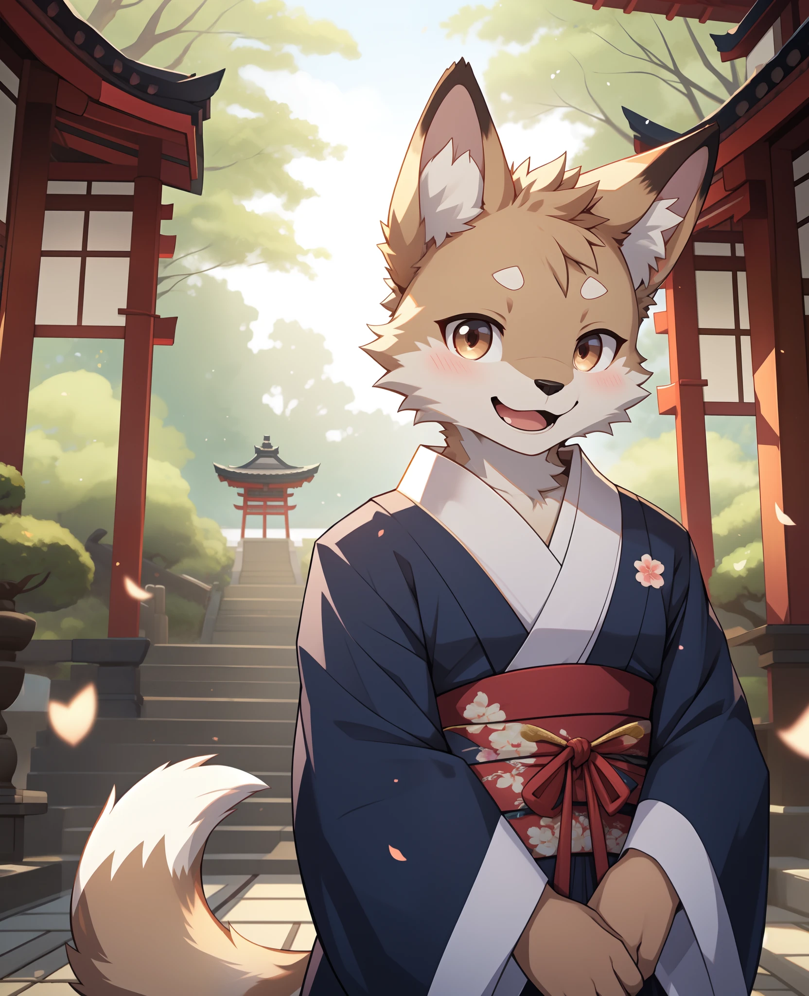 depth of field, perfect lighting, light particles,(best quality),(masterpiece),(ultra detailed),sharp focus,light particles, niji, eyesgod, blush, brown_eyes, looking_at_viewer, smile, solo, furry, animal_ear_fluff, open_clothes, arms behind back, upper body, tail, kimono, japanese clothes, sunlight, tree, open mouth, from below, arms behind back