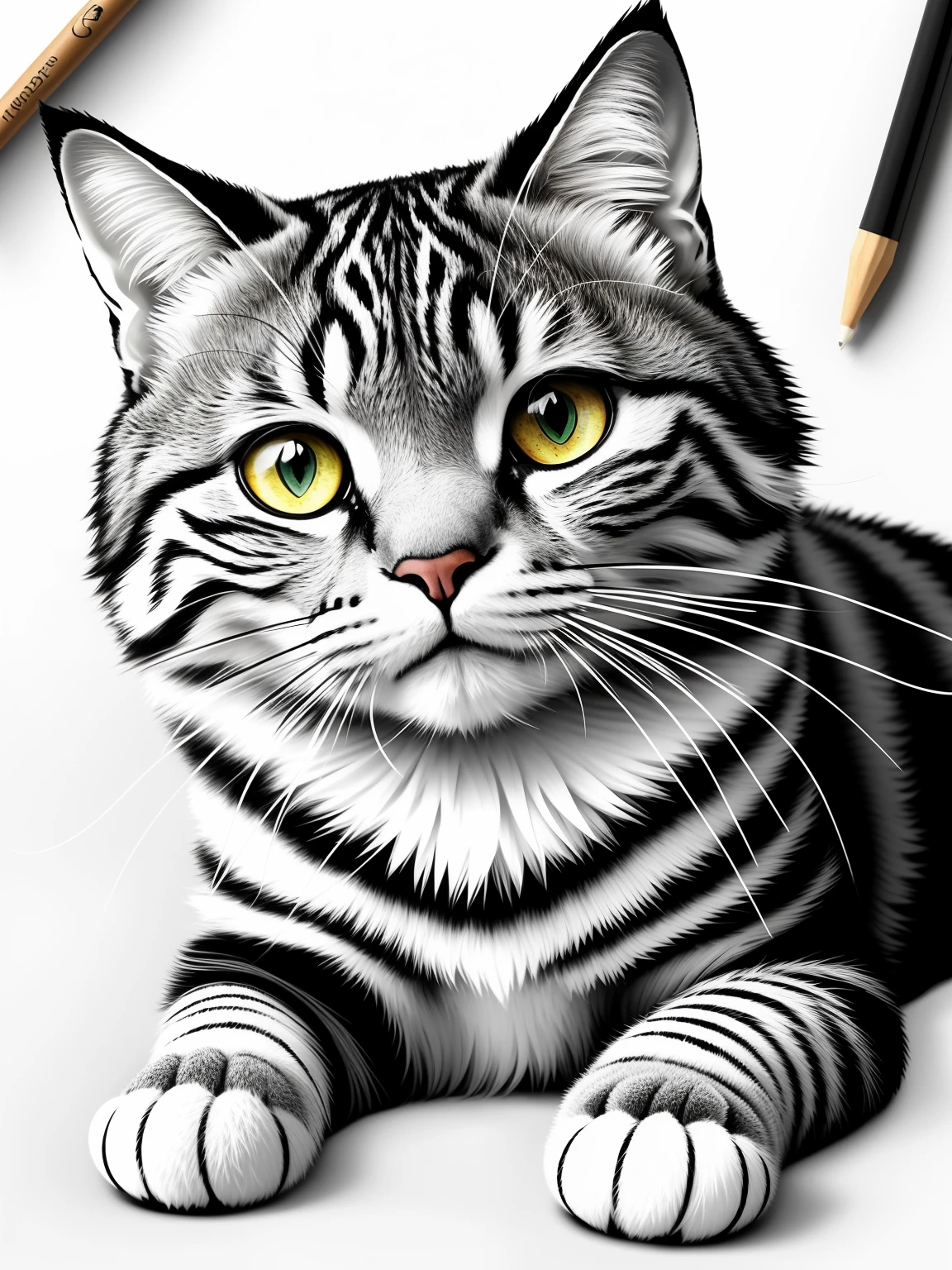 Drawing of a cat with a pencil and a pencil on a table - SeaArt AI