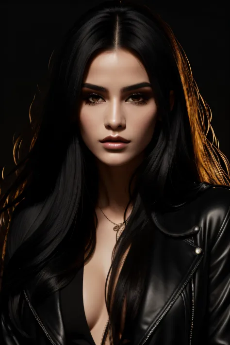 a young beautiful woman with long black hair and a black jacket, i can't believe how beautiful and sexy she is, distinct facial features, layered textures, strong contrast between light and dark, sharp attention to detail