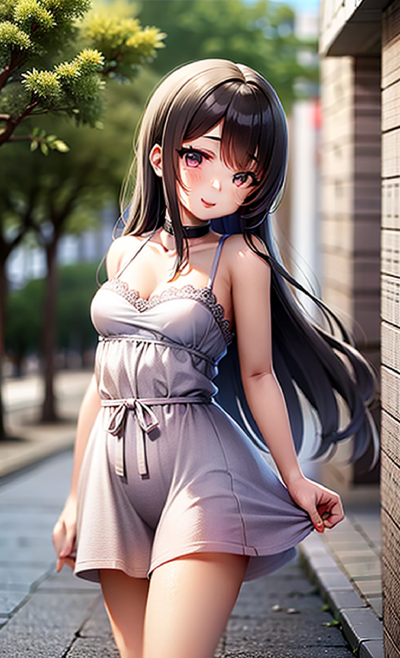 Anime girl in a short dress walking down a sidewalk - SeaArt AI