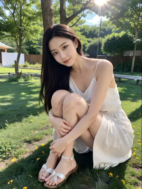 ，masterpiece, best quality，8k, ultra highres，Reallightandshadow，Cinema lenses，(beautidful eyes:1.1)， ((中景 the scene is，face close up))，dynamicposes，On a green meadow，A gentle goddess came with a gentle step。She wore a white dress，A gentle breeze blows，The ...