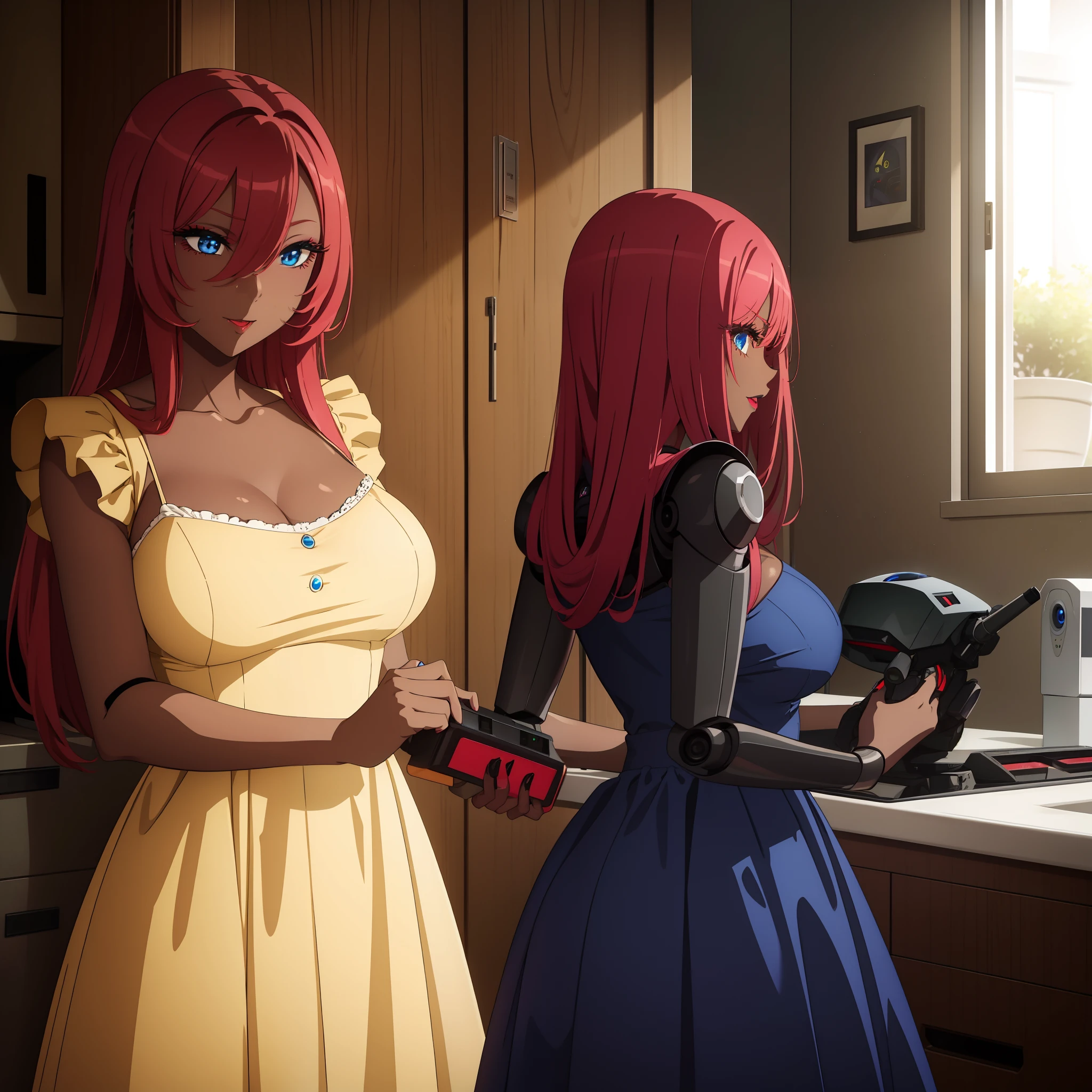 Anime characters in a kitchen with a woman holding a knife - SeaArt AI