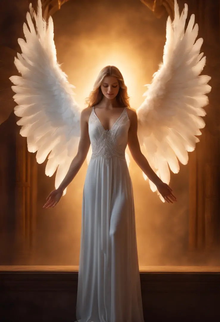 (a resplendent angel),detailed wings spread,communicating with a kneeling woman beside her bed,soft light,angelic presence,divine atmosphere,gentle conversation,healing presence,comforting aura,sacred moment,spiritual connection,glowing aura,elegant robes,...