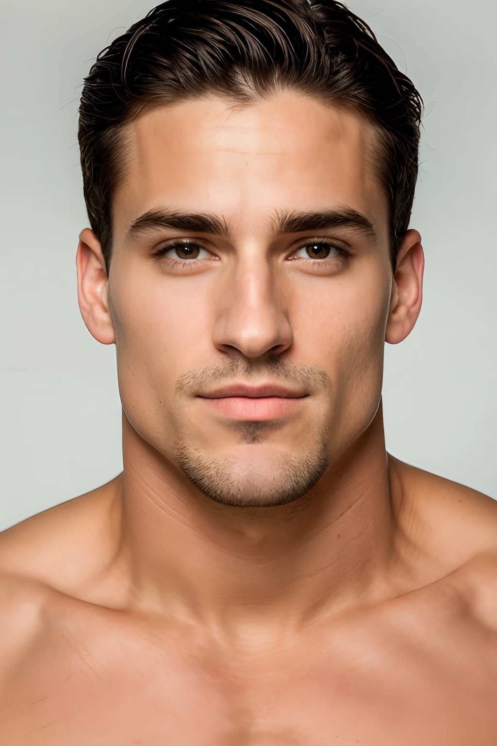 A closeup of a man with a very pretty chiseled jaw and chest., big