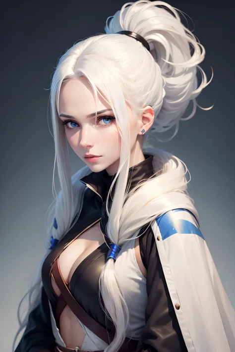 1 woman,whitehair,Ponytail,long-haired,blue eyes,Hold the fan.