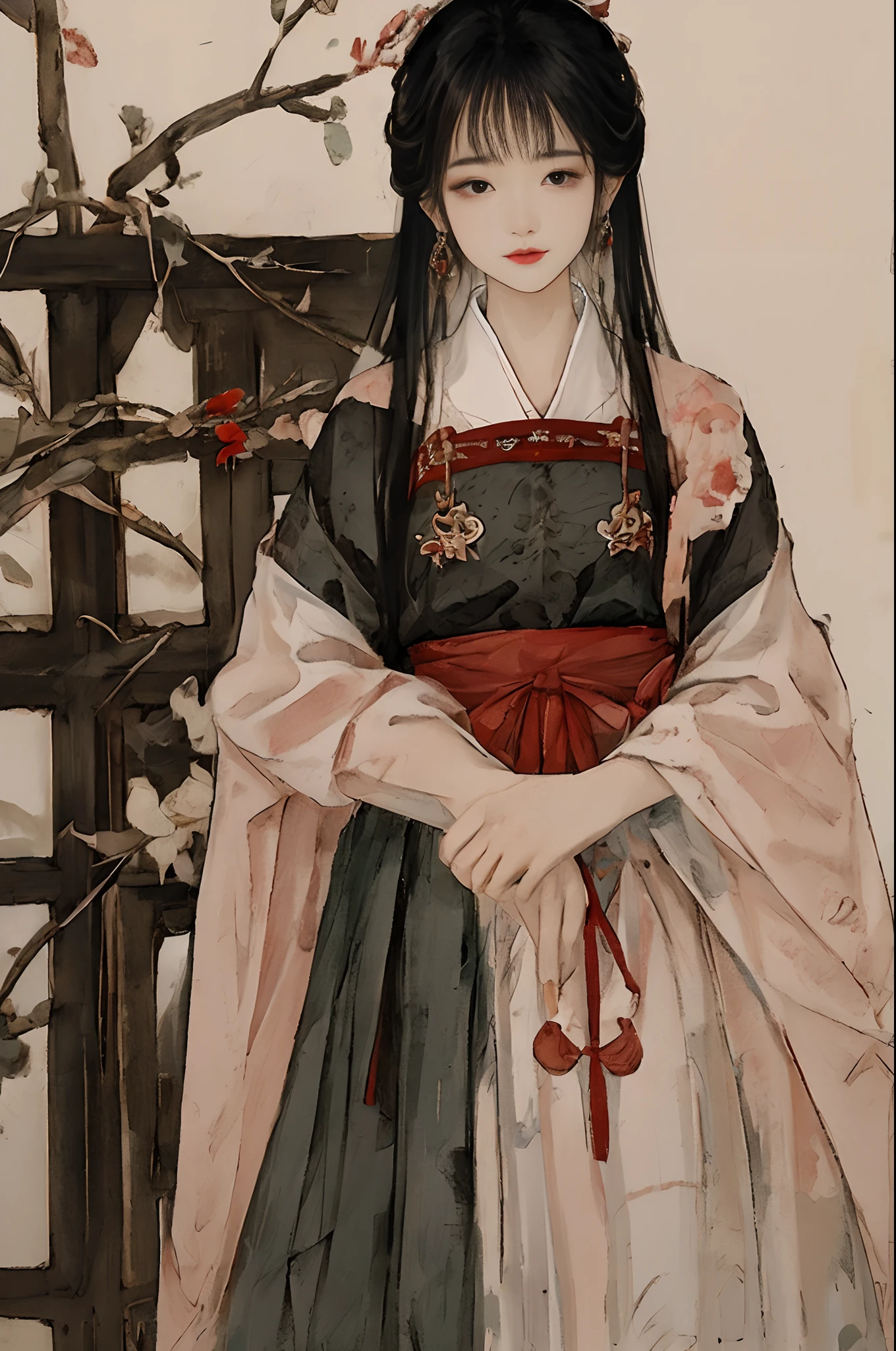 A close up of a woman in a kimono dress standing in front of a 