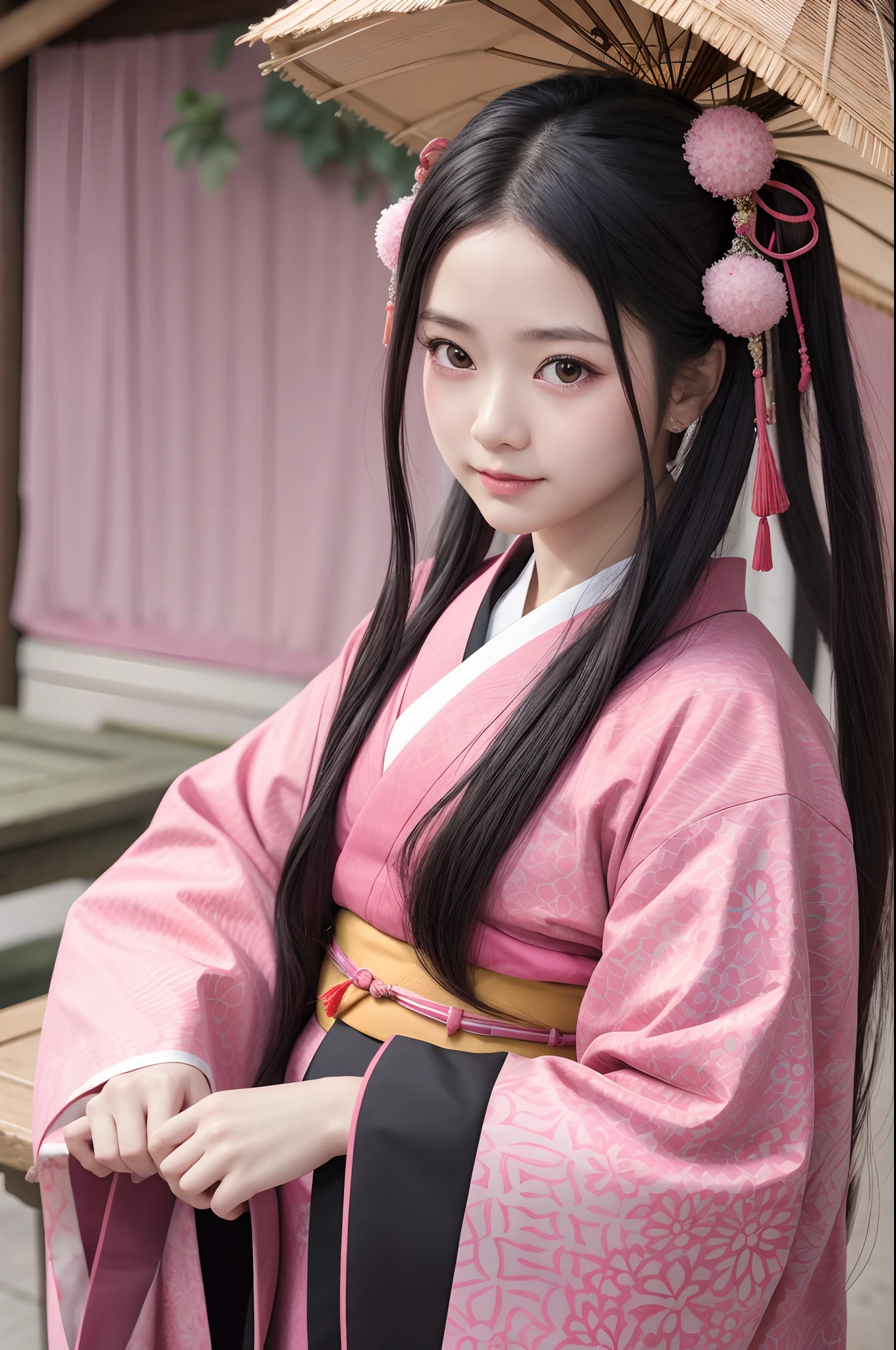 1fille, seulement, Kamado Nezuko , cheveux très longs ,cheveux noirs, Yeux roses, Forehead, vêtements japonais, Kimono rose, Haori , ceinture , ruban pour cheveux de la meilleure qualité,beautiFul,4k,F/1.6,Fractal art