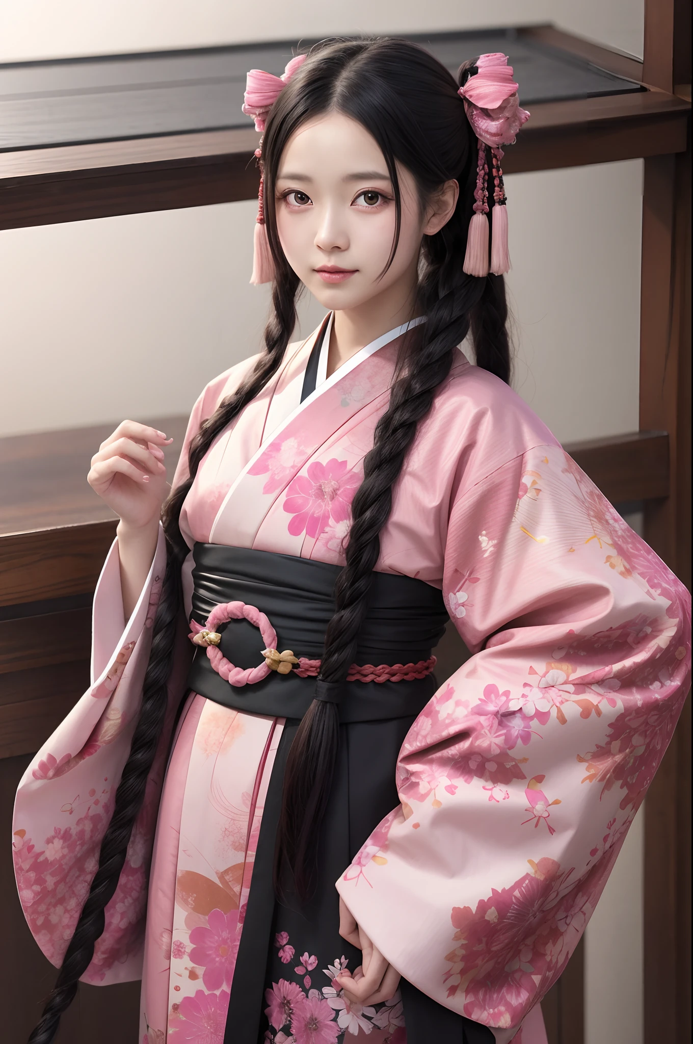 1fille, seulement, Kamado Nezuko , cheveux très longs ,cheveux noirs, Yeux roses, Forehead, vêtements japonais, Kimono rose, Haori , ceinture , ruban pour cheveux de la meilleure qualité,beautiFul,4k,F/1.6,Fractal art