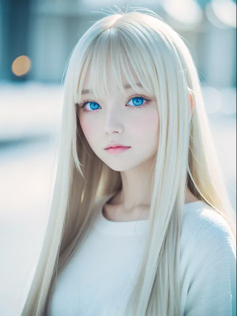 Woman, blond streight hair, big eyes, blue eyes, light skin, very